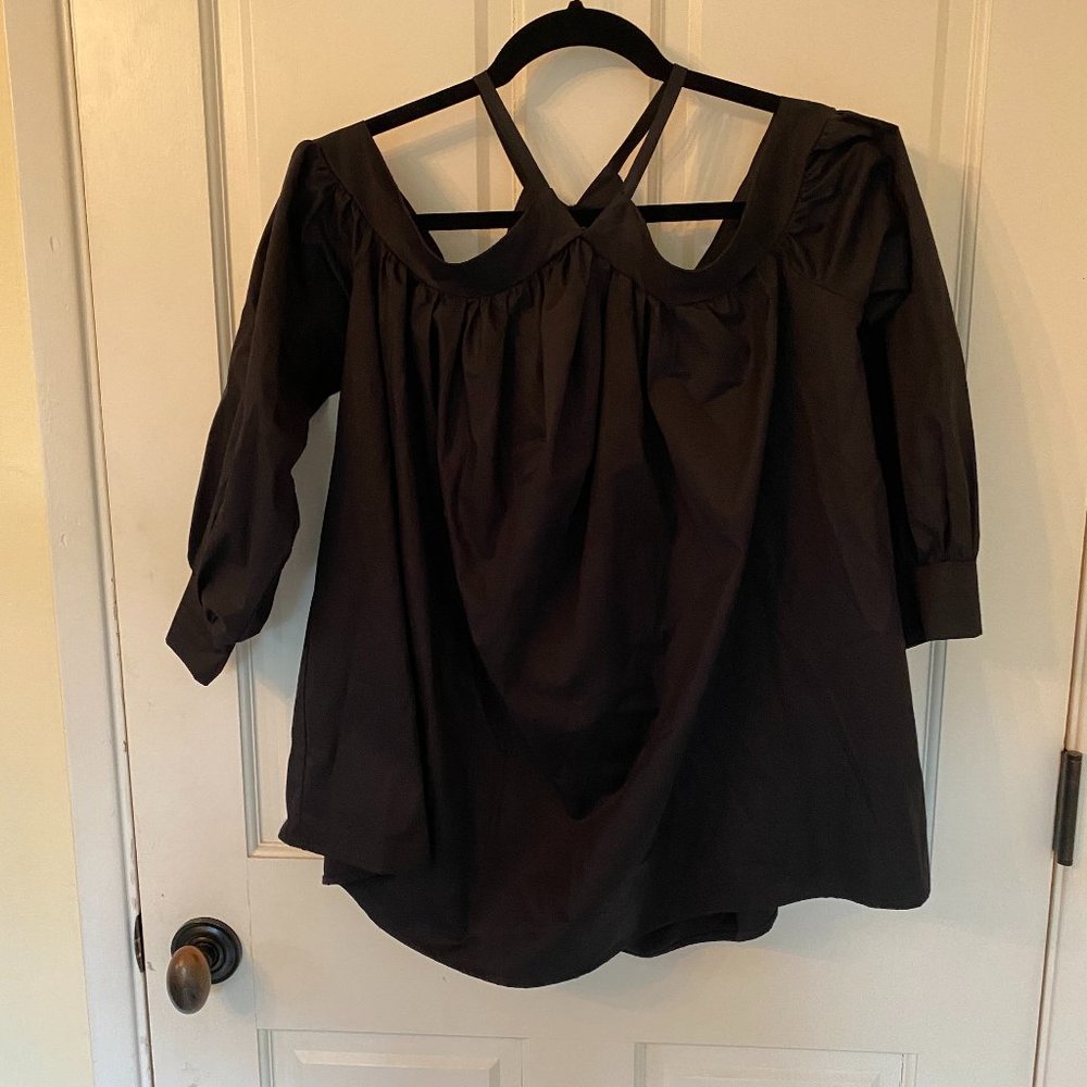 Monica Nera Black Off The Shoulder Black Long Balloon Sleeved Cotton Top Sz Xs